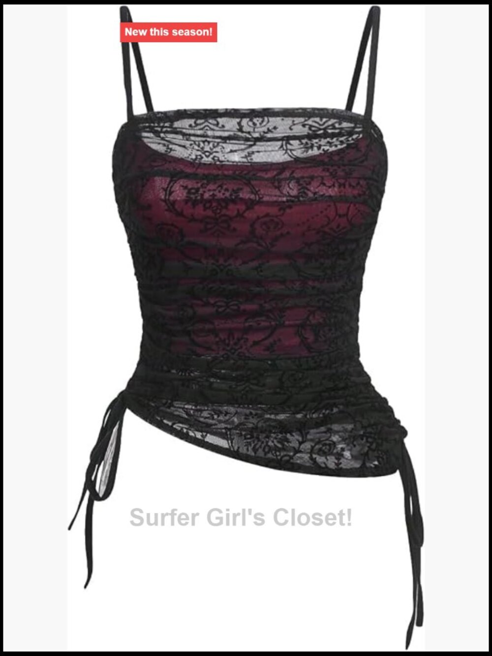 Ruched Lace Cami Top Drawstring Gothic Sleeveless Square Neck Polyester